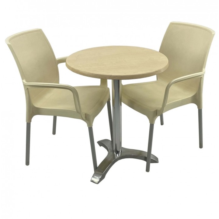 Set bistro de exterior, masa rotunda 60cm Raki Maple blat werzalit si picior aluminiu, 2 scaune SUNSET crem