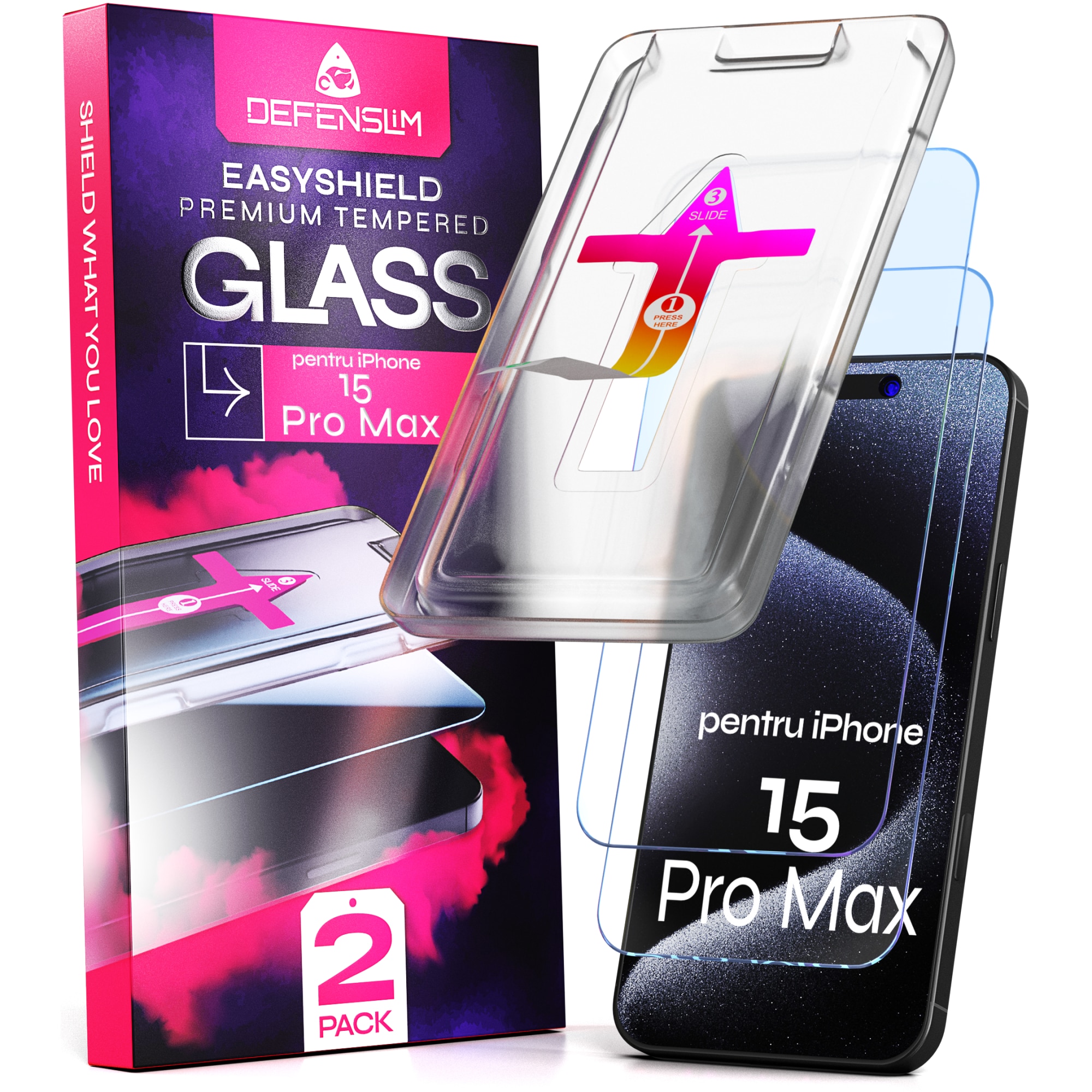 Set 2 Folii sticla compatibil cu iPhone 15 PRO MAX, 6.7", DefenSlim, instalare usoara si rapida cu dispozitiv de potrivire automata in 30 sec cu Easy Install Kit patentat, protectie telefon