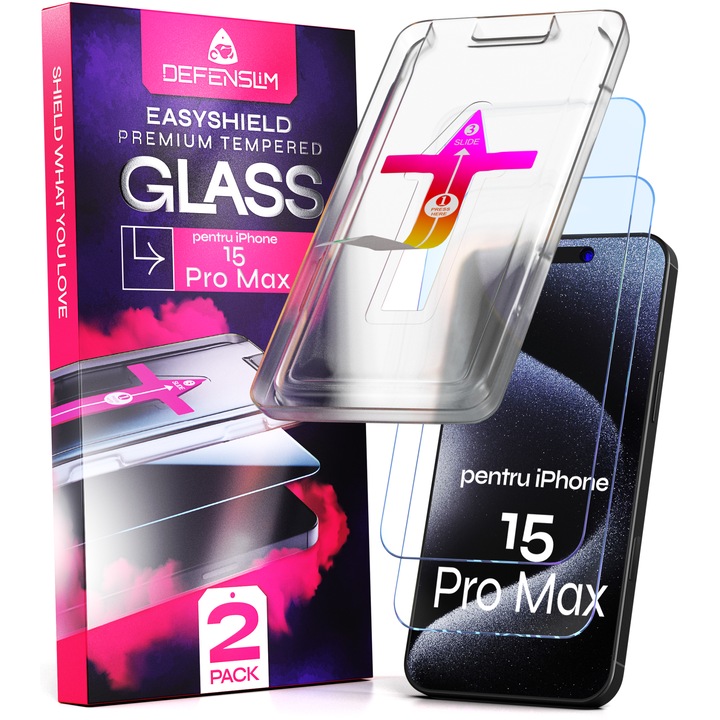 Set 2 Folii sticla compatibil cu iPhone 15 PRO MAX, 6.7", DefenSlim, instalare usoara si rapida cu dispozitiv de potrivire automata in 30 sec cu Easy Install Kit patentat, protectie telefon