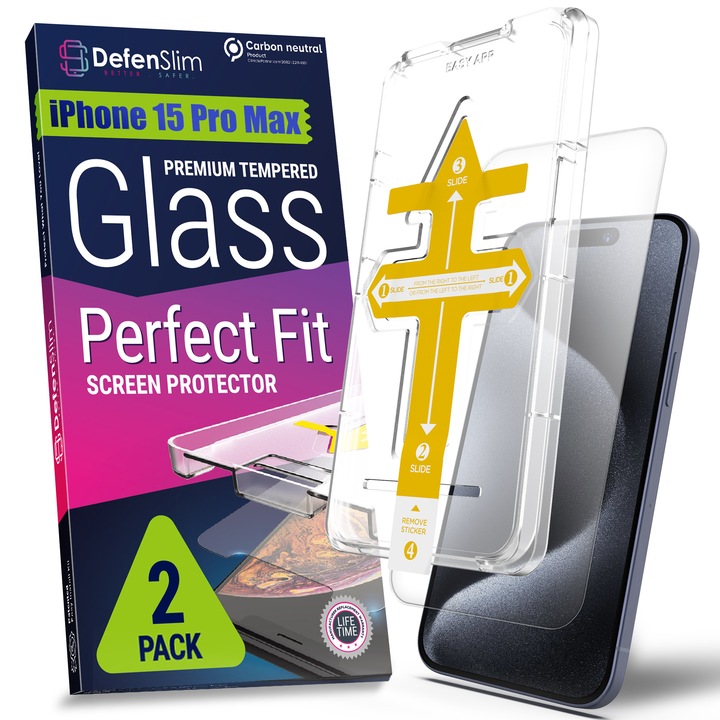 Set 2 Folii sticla compatibil cu iPhone 15 PRO MAX, 6.7", DefenSlim, instalare usoara si rapida cu dispozitiv de potrivire automata in 30 sec cu Easy Install Kit patentat, protectie telefon