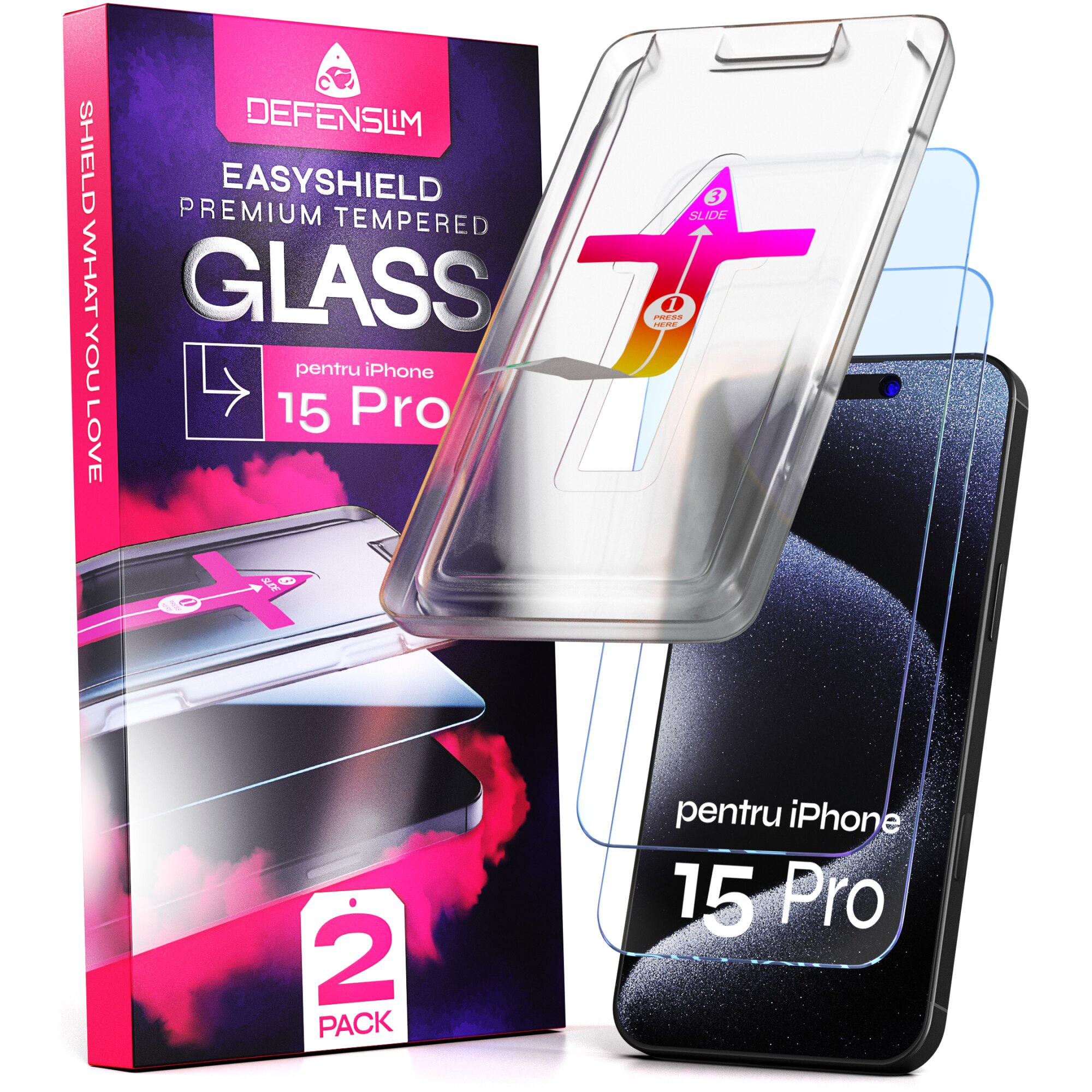 Set 2 Folii sticla compatibil cu iPhone 15 PRO, 6.1", DefenSlim, instalare usoara si rapida cu dispozitiv de potrivire automata in 30 sec cu Easy Install Kit patentat, protectie telefon