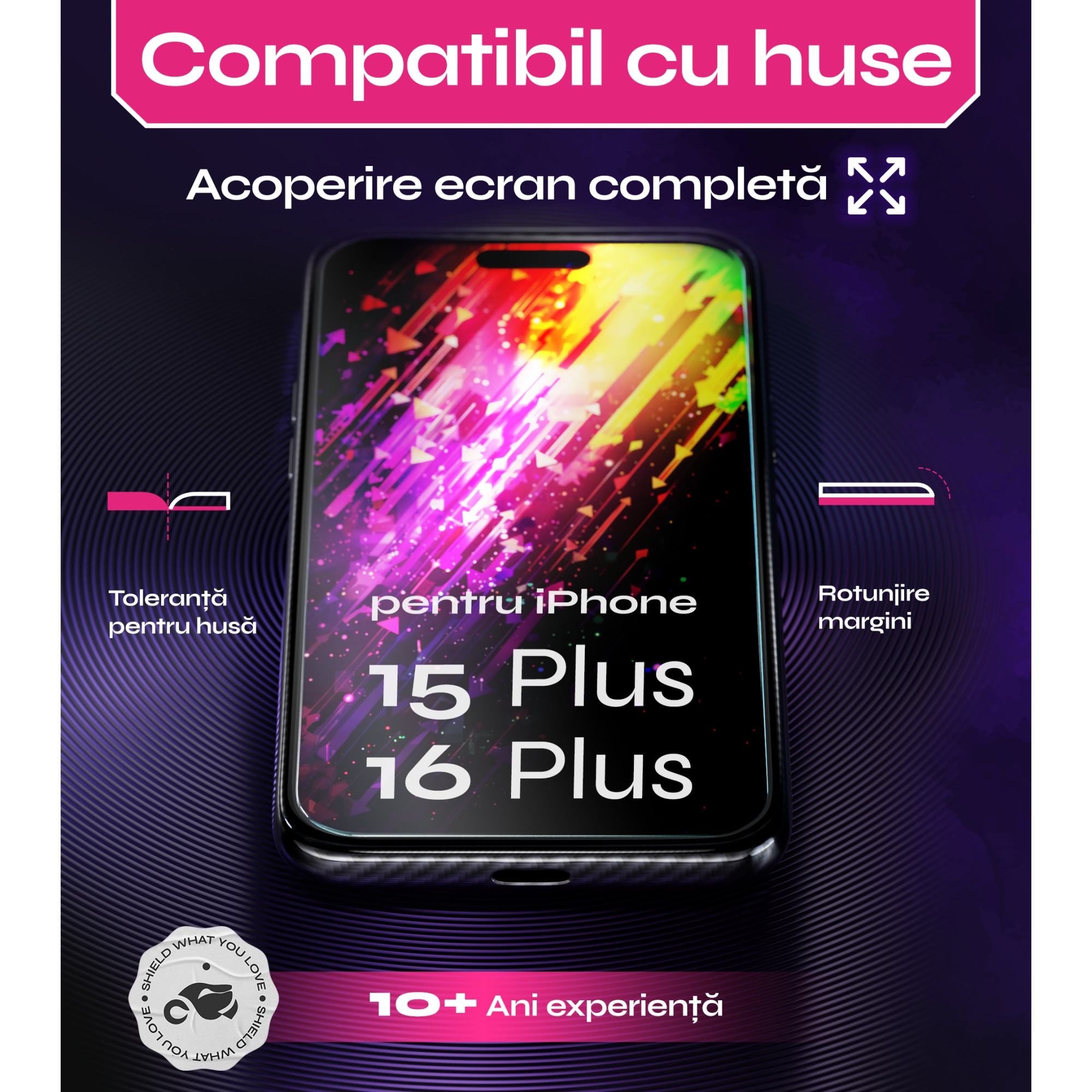 Set 2 Folii sticla compatibil cu iPhone 15 PLUS / iPhone 16 PLUS, 6.7", DefenSlim, instalare usoara si rapida cu dispozitiv de potrivire automata in 30 sec cu Easy Install Kit patentat, protectie telefon