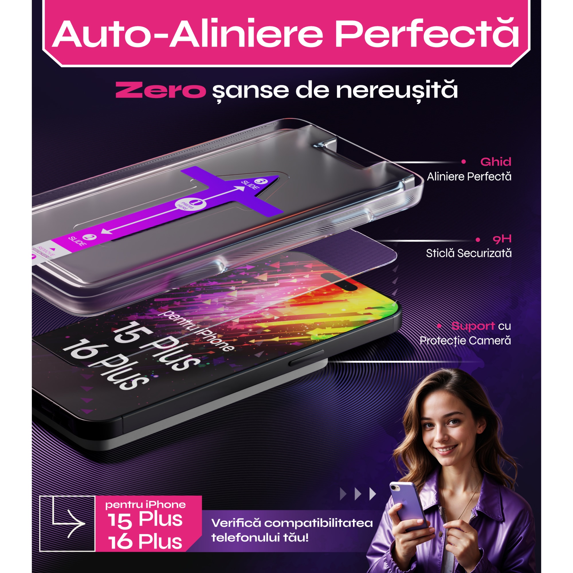 Set 2 Folii sticla compatibil cu iPhone 15 PLUS / iPhone 16 PLUS, 6.7", DefenSlim, instalare usoara si rapida cu dispozitiv de potrivire automata in 30 sec cu Easy Install Kit patentat, protectie telefon