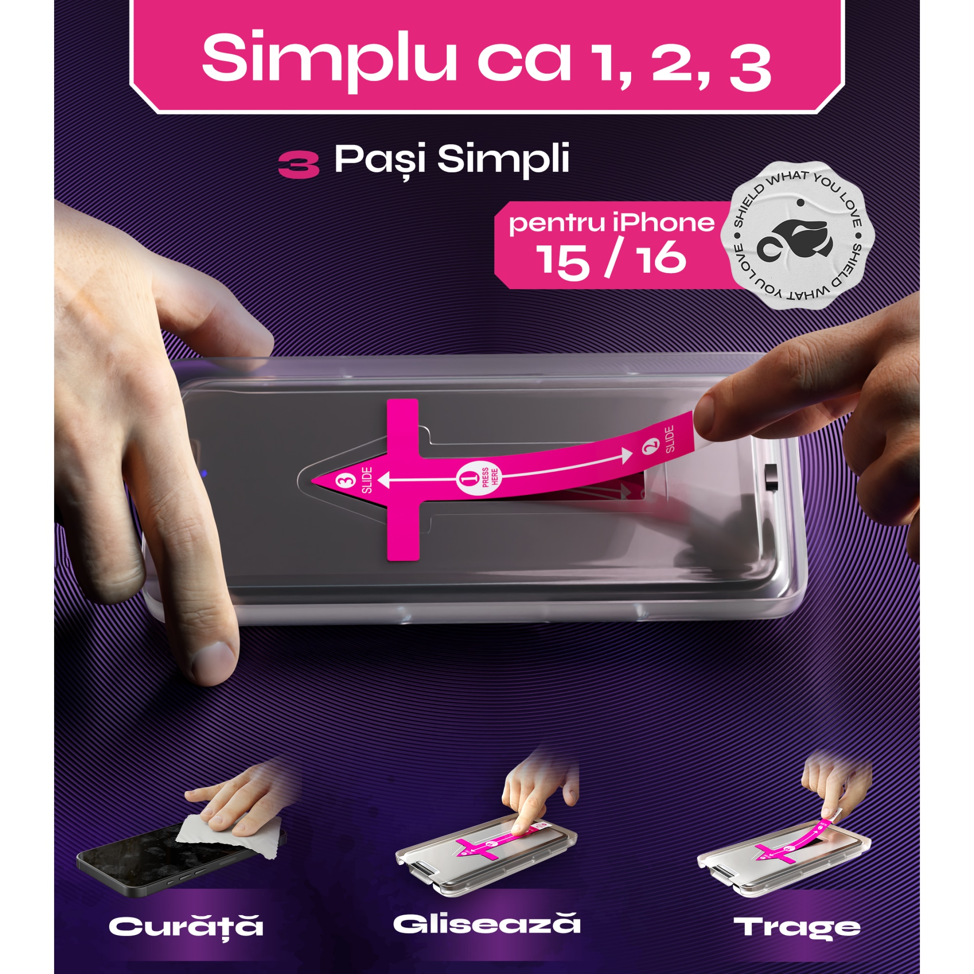 Set 2 Folii sticla compatibil cu iPhone 15 / iPhone 16, 6.1", DefenSlim, instalare usoara si rapida cu dispozitiv de potrivire automata in 30 sec cu Easy Install Kit patentat, protectie telefon