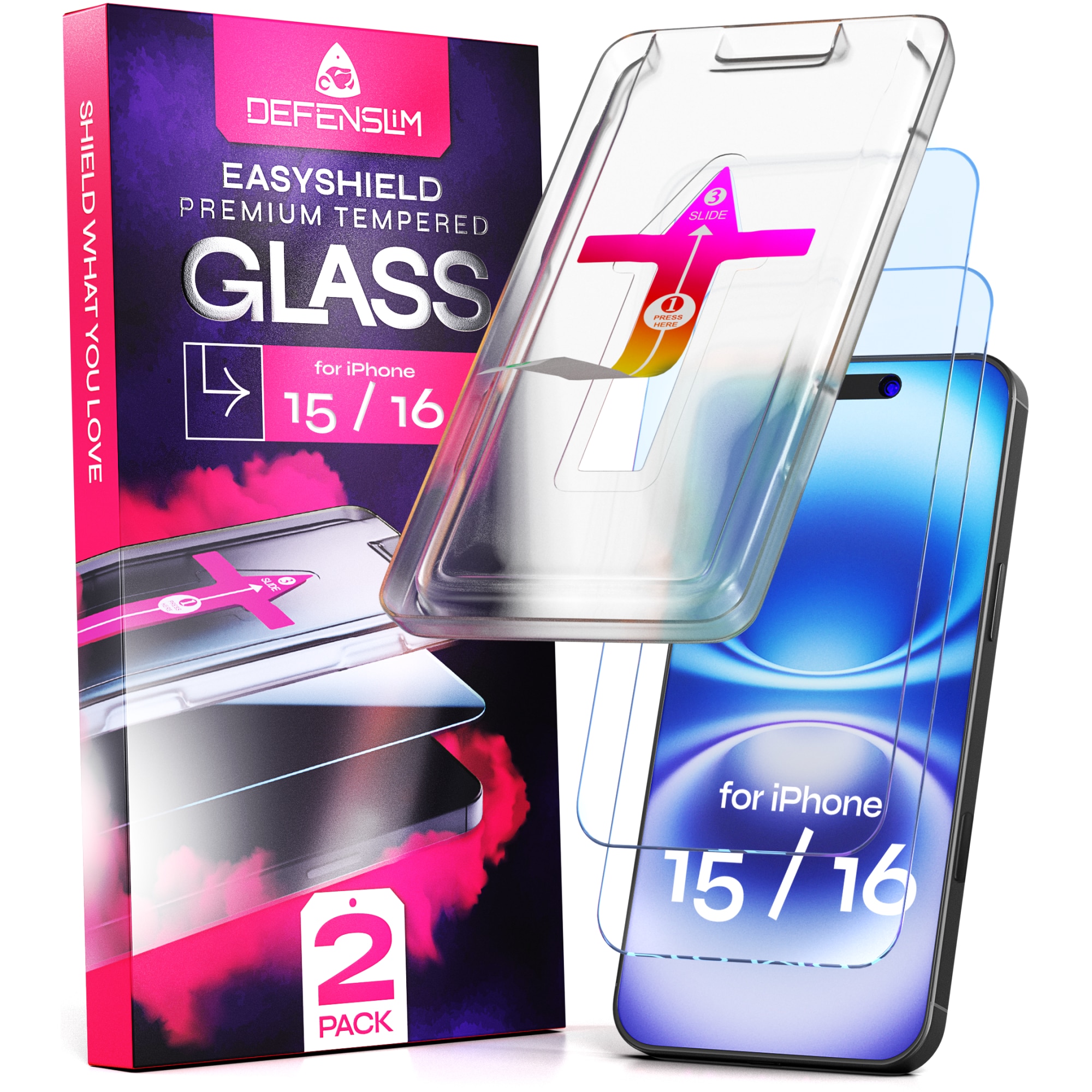 Set 2 Folii sticla compatibil cu iPhone 15 / iPhone 16, 6.1", DefenSlim, instalare usoara si rapida cu dispozitiv de potrivire automata in 30 sec cu Easy Install Kit patentat, protectie telefon