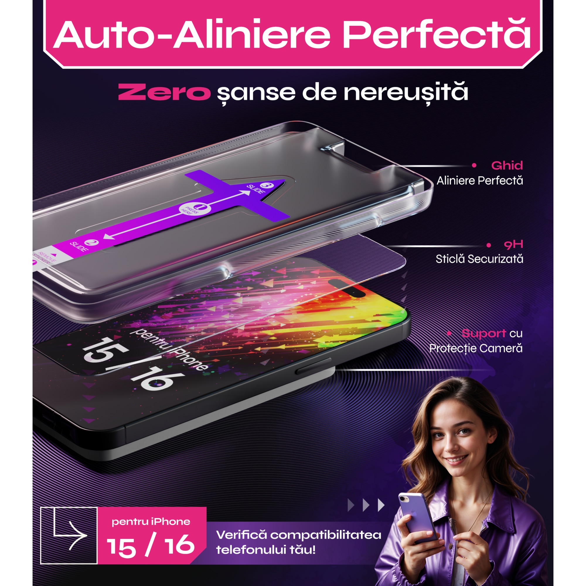 Set 2 Folii sticla compatibil cu iPhone 15 / iPhone 16, 6.1", DefenSlim, instalare usoara si rapida cu dispozitiv de potrivire automata in 30 sec cu Easy Install Kit patentat, protectie telefon