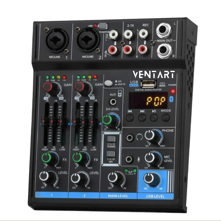 Mixer audio profesional VENTART, Multifunctional, cu 2 canale, Portabil, USB, Bluetooth, Karaoke, Conferinte, Petreceri, Negru