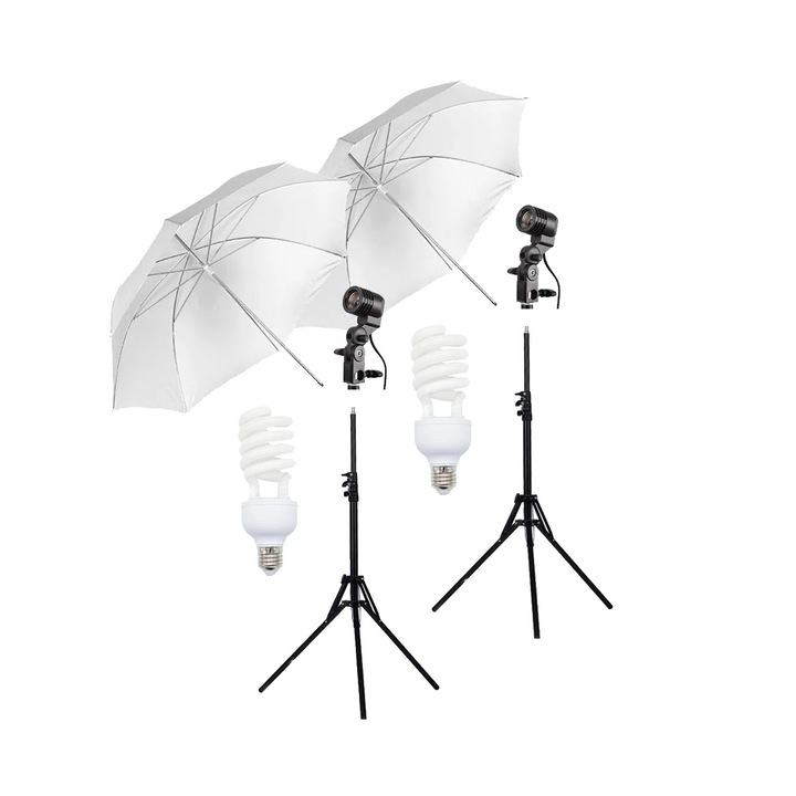 Kit 2 lumini foto-video E27 135W Daylight cu umbrela difuzie 84cm si stativ 210cm