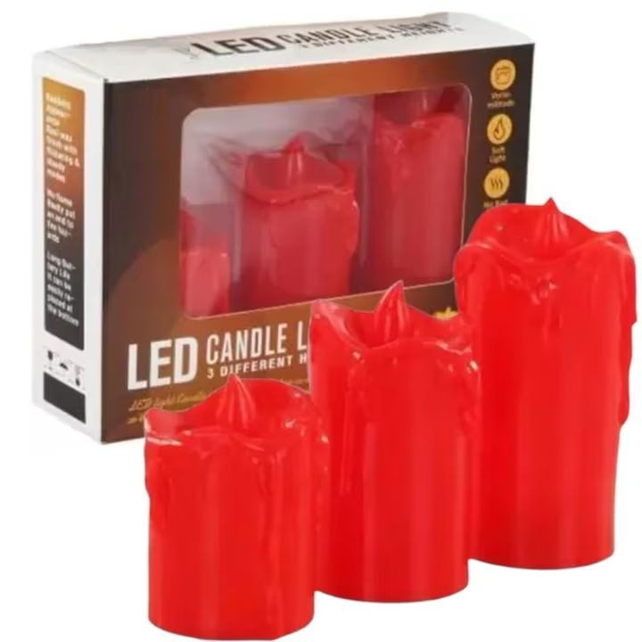 Set de 3 Lumanari LED cu Flacara Constanta si Efect de Ceara MIRAZA, Fara Fum, Fara Miros, Baterii Incluse, Rosu