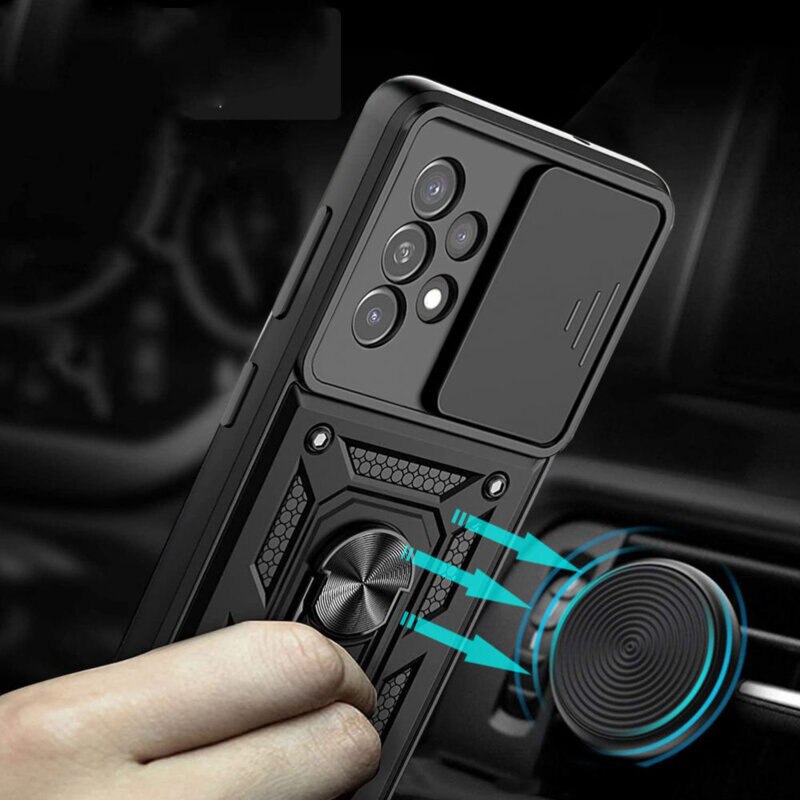 Husa telefon compatibila cu Samsung Galaxy A32 4G, protectie camera Slide and Snap Soft Premium, Magnetic Ring Holder, PopGrip, Anti-Shock, Rugged Protection, Negru
