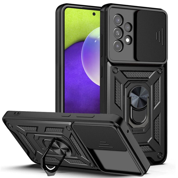 Калъф за телефон, съвместим с Samsung Galaxy A32 4G, Slide and Snap Soft Premium защита на камерата, магнитен държач за пръстен, PopGrip, Anti-Shock, здрава защита, черен