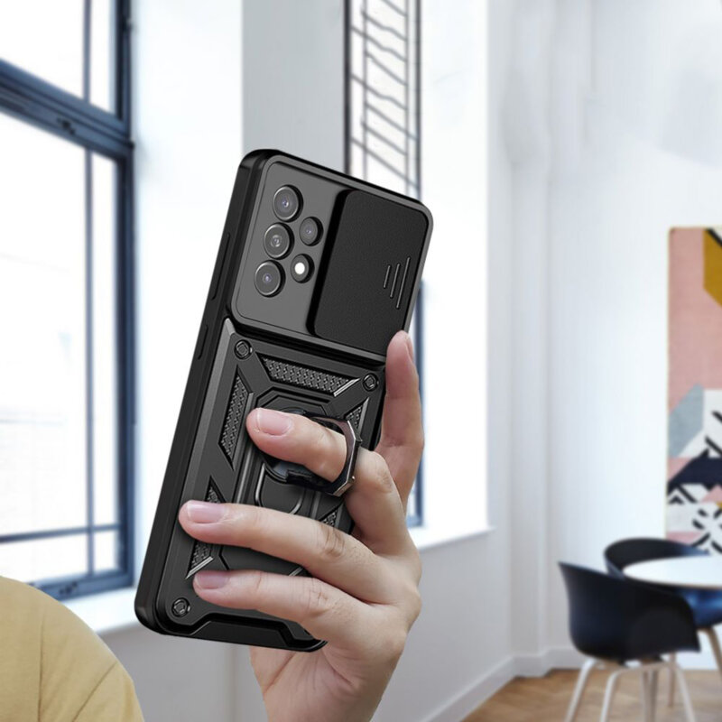 Husa telefon compatibila cu Samsung Galaxy A32 4G, protectie camera Slide and Snap Soft Premium, Magnetic Ring Holder, PopGrip, Anti-Shock, Rugged Protection, Negru
