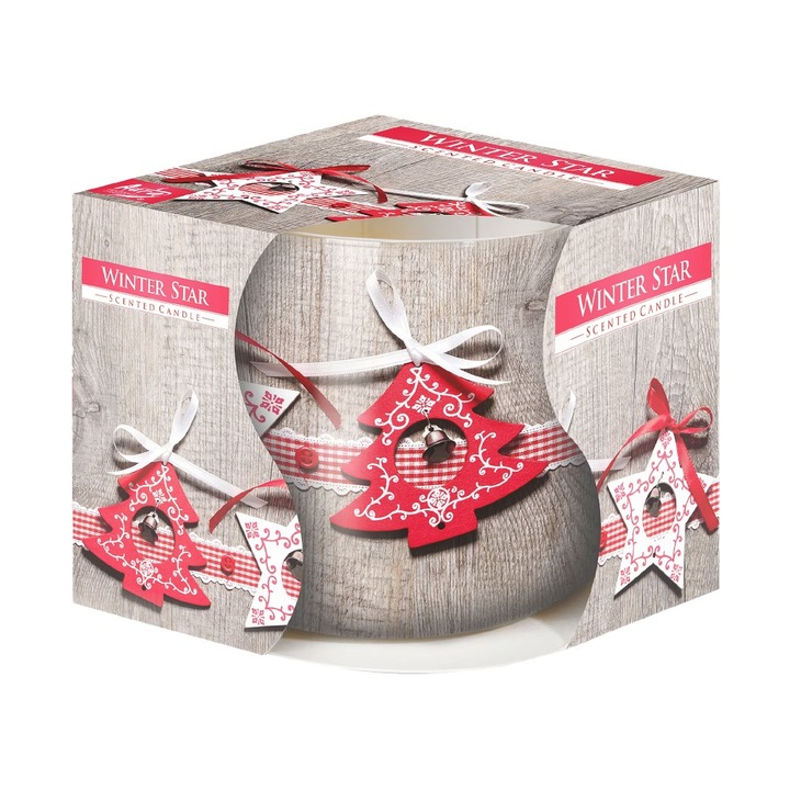 Set 2 x Lumanare Parfumata in Pahar Imprimat, Stelute si Braduti de Iarna, 22 Ore