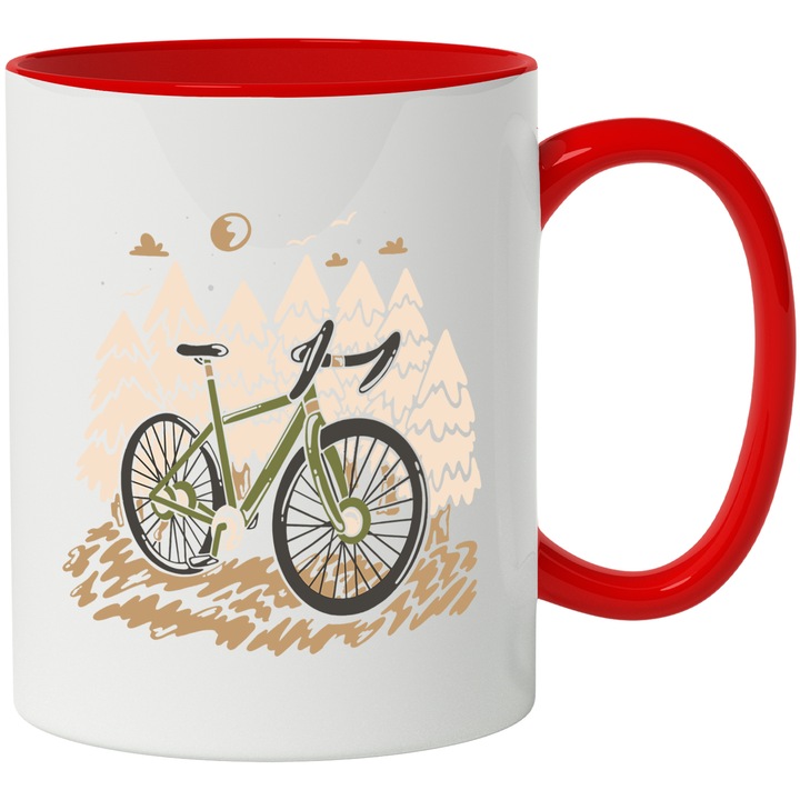 Cana Personalizata Iubitorii de Ciclism, Padure, Munte, Offroad, Semicursiera, Dirt Bike, Ceramica, 330 ml, Multicolor cu maner Rosu