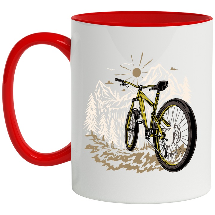 Cana Mountain Bike, Munte, Natura, Soare, Aventura, Ceramica, 330 ml, Multicolor cu maner Rosu