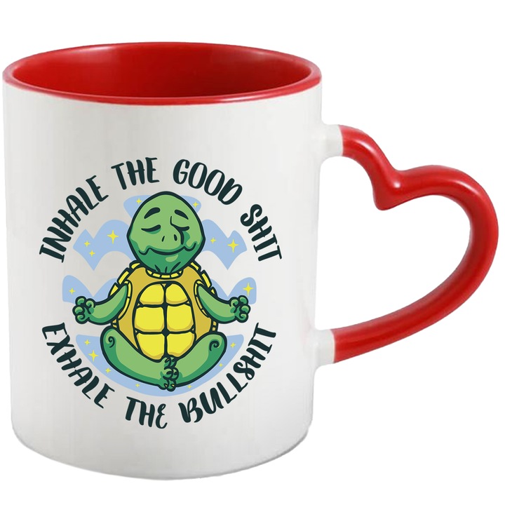 Cana Broasca Testoasa Meditand, Cu Mesajul Amuzant in Engleza, Inhale the Good Sh*t, Exhale the BullSh*t, Ceramica, 330 ml, Multicolor cu maner Inima Rosie
