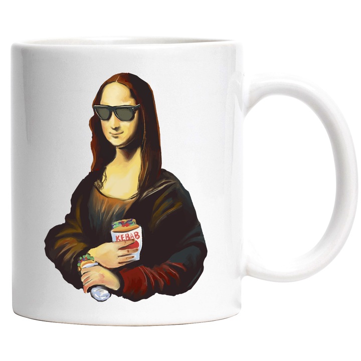 Cana Monalisa cu Ochelari, Kebab si Soda, Cool, Contemporan, Reinterpretat, Shaorma, Ceramica, 330 ml, Multicolor cu maner Alb