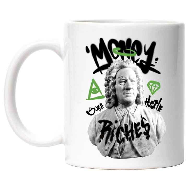 Cana Money Riches, Ceramica, 330 ml, Multicolor cu maner Alb