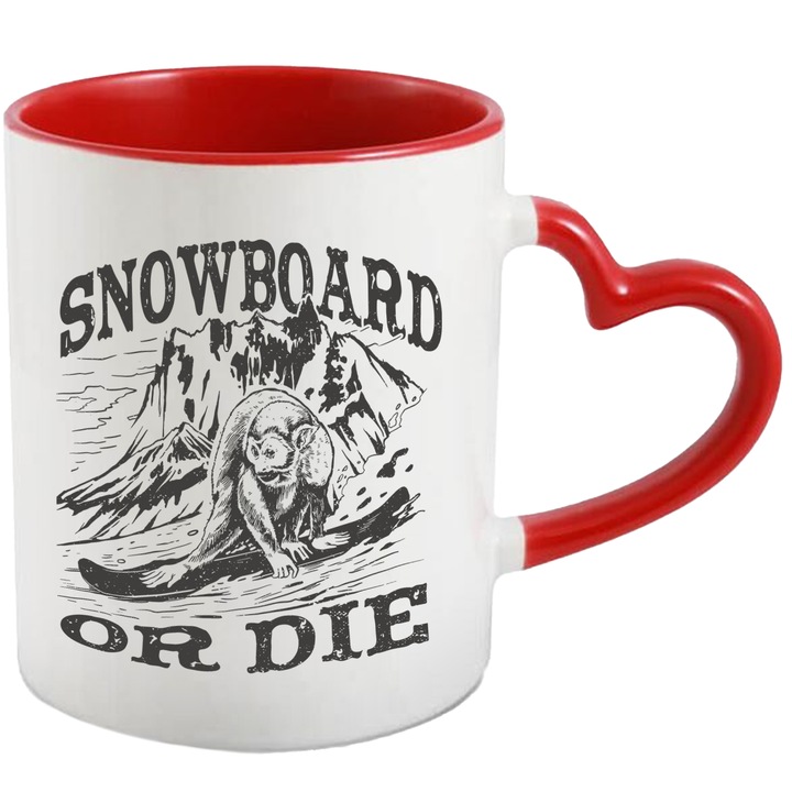 Cana Snowboard or Die, Munte, Zapada, Sezonul de Ski, Sport, Ceramica, 330 ml, Multicolor cu maner Inima Rosie