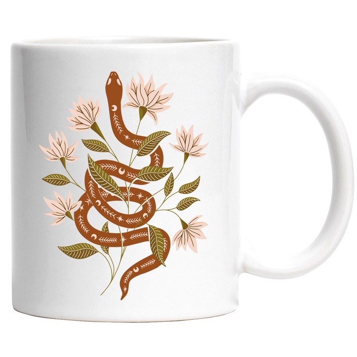 Cana Sarpele din Flori, Ceramica, 330 ml, Multicolor cu maner Alb
