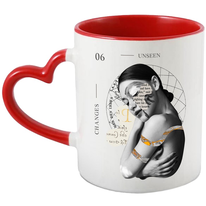 Cana Changes Unseen, Dramatic, Emotie, Creativitate, Arta, Colaj, Ceramica, 330 ml, Multicolor cu maner Inima Rosie