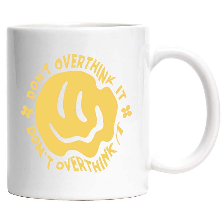 Cana Smiley Face, Don't Overthink It, Ceramica, 330 ml, Multicolor cu maner Alb