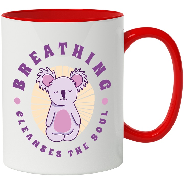 Cana Meditatie Cu Mesajul in Engleza Breathing Cleanses the Soul, Ceramica, 330 ml, Multicolor cu maner Rosu