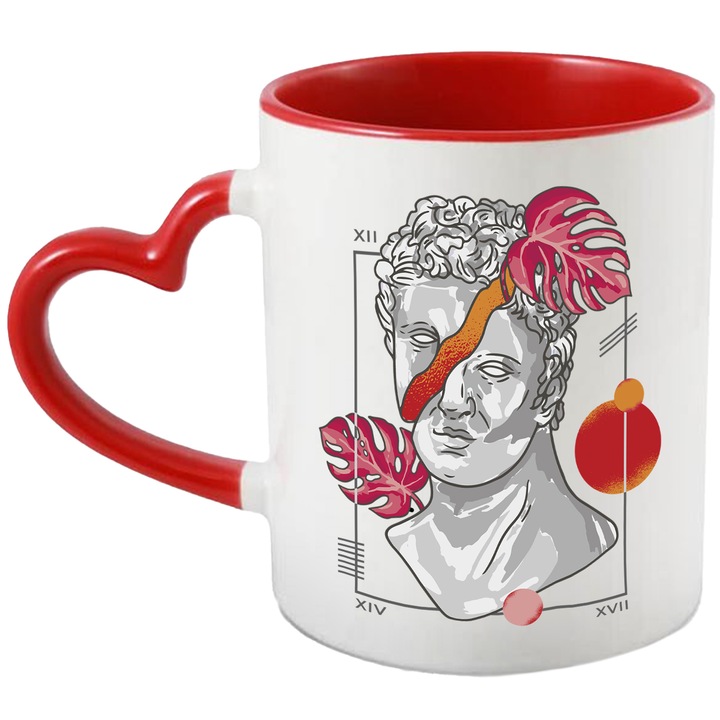 Cana Artistica Sculptura Sparta Abstracta, Opera de Arta 330 ml, Culorile Alb, Gri si Rosu cu maner Inima Rosie