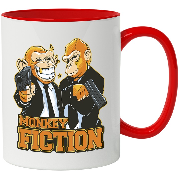 Cana Maimutele Gangstar, Monkey Fiction, Costume, Pistoale, Dinte Auriu, Ceramica, 330 ml, Multicolor cu maner Rosu
