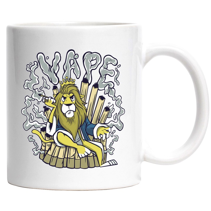 Cana Regele Leu, King of Vape, Ceramica, 330 ml, Multicolor cu maner Alb