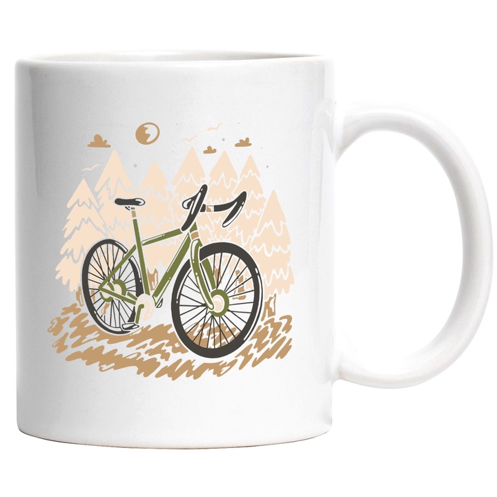 Cana Personalizata Iubitorii de Ciclism, Padure, Munte, Offroad, Semicursiera, Dirt Bike, Ceramica, 330 ml, Multicolor cu maner Alb