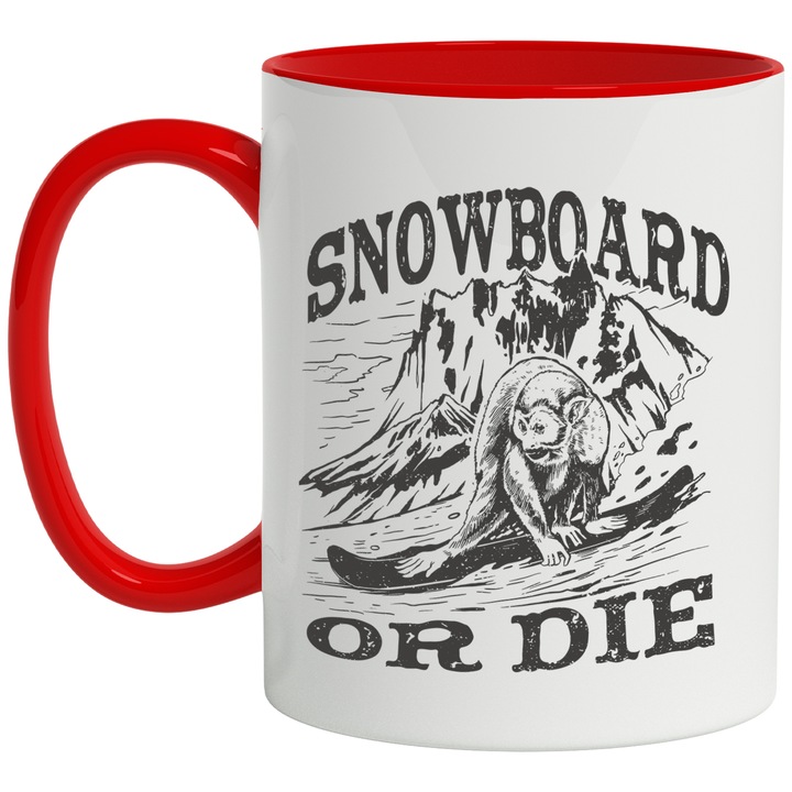 Cana Snowboard or Die, Munte, Zapada, Sezonul de Ski, Sport, Ceramica, 330 ml, Multicolor cu maner Rosu