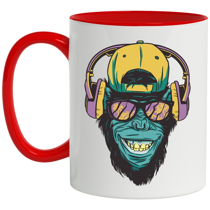 Cana Maimuta Cool, Sapta, Casti, Zambet Auriu, Ochelari, Gangsta, Ceramica, 330 ml, Multicolor cu maner Rosu