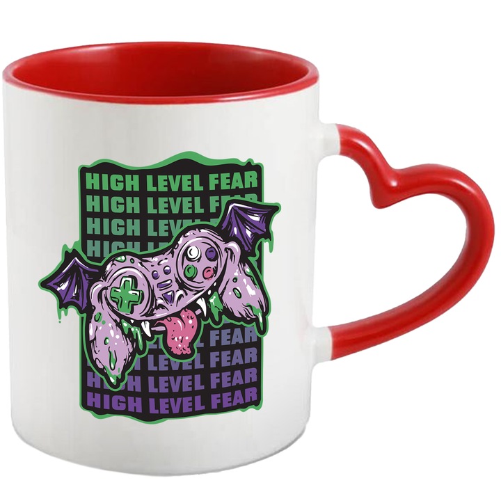 Cana High Level Fear, Maneta Playstation, x Box, Halloween, Liliac, Ceramica, 330 ml, Multicolor cu maner Inima Rosie