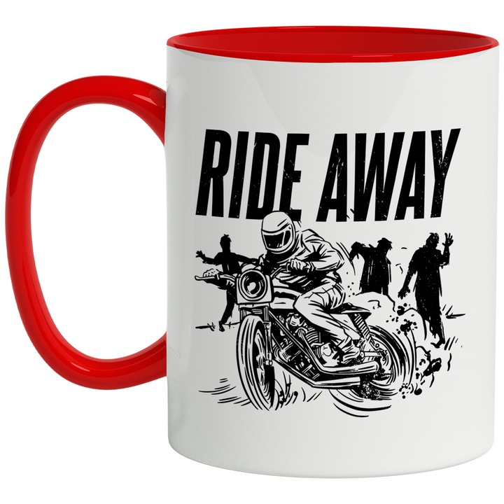 Cana Motociclist, Zombie, Ride Away, Ceramica, 330 ml, Multicolor cu maner Rosu