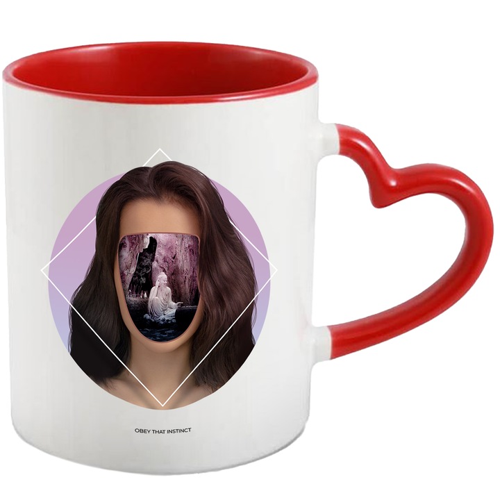 Cana Fata fara Fata, Inger si Demon, Design Creativ, Ceramica, 330 ml, Multicolor cu maner Inima Rosie