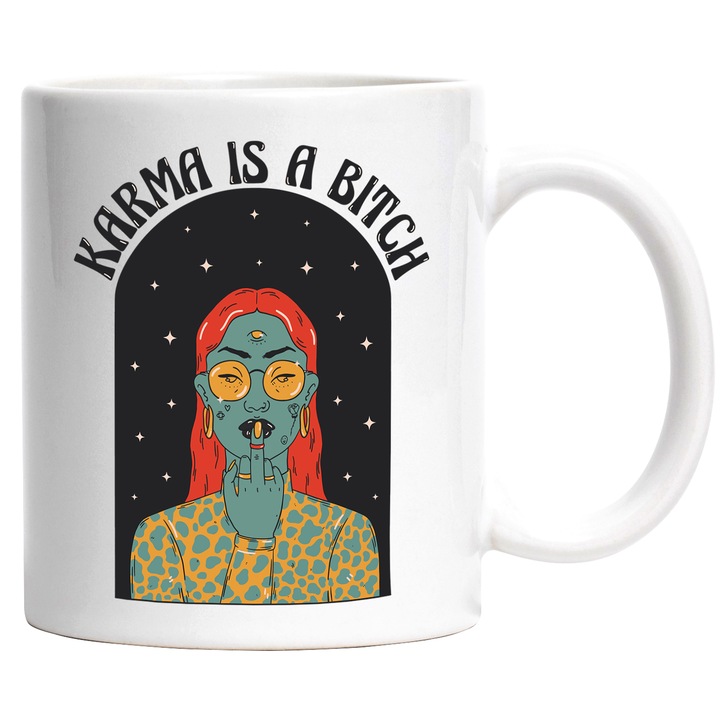 Cana Karma is a Bi*ch, Ceramica, 330 ml, Multicolor cu maner Alb