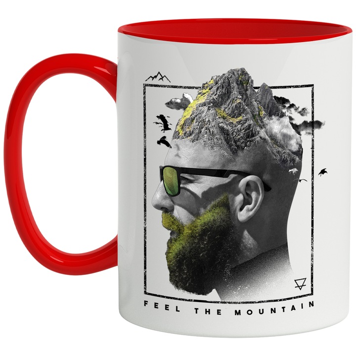 Cana Portret, Expunere Dubla, Munte, Ochelari, Profil, Fell the Mountain, Ceramica, 330 ml, Multicolor cu maner Rosu