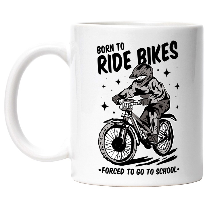 Cana Bort to Ride Bikes, Forced to go to School, Copil, Bicicleta, Scoala, Pasiune, Ceramica, 330 ml, Multicolor cu maner Alb