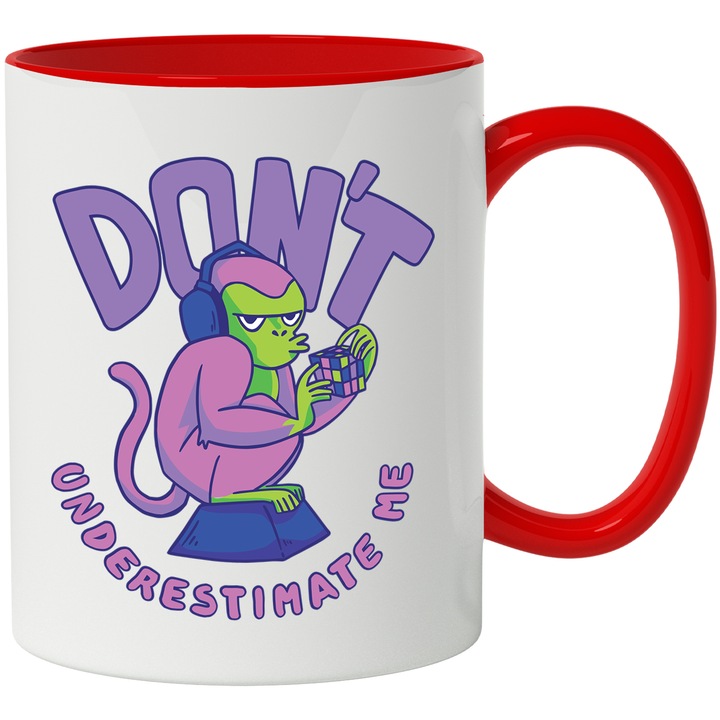 Cana Nu ma Subestima, Cu Mesajul in Engleza Don't Underestimate me, Monkey, Maimuta, Cub Rubic, Casti, Muzica, Jocuri Video, Ceramica, 330 ml, Multicolor cu maner Rosu