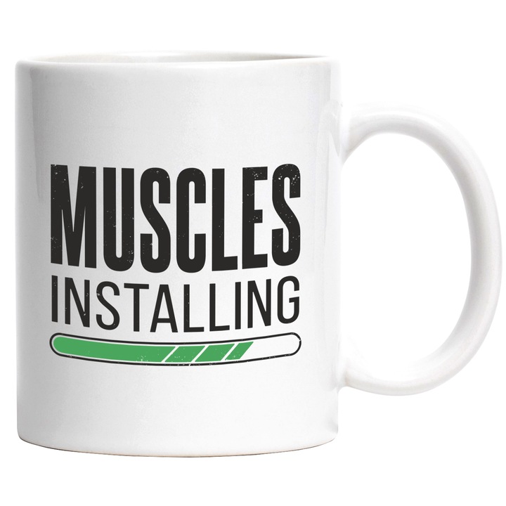 Cana Muscles Installing, Muschii se Instaleaza, Progres, Sala, Sport, Gym, Fitness, Ceramica, 330 ml, Multicolor cu maner Alb