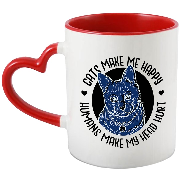 Cana Pisica Dramatica, cu Mesajul in Engleza Cats Make Me Happy, Humans Make my Head Hurt, Ceramica, 330 ml, Multicolor cu maner Inima Rosie