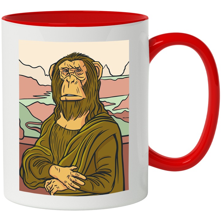 Cana Portret Maimuta in Stilul Picturilor Faimoase, Ceramica, 330 ml, Multicolor cu maner Rosu