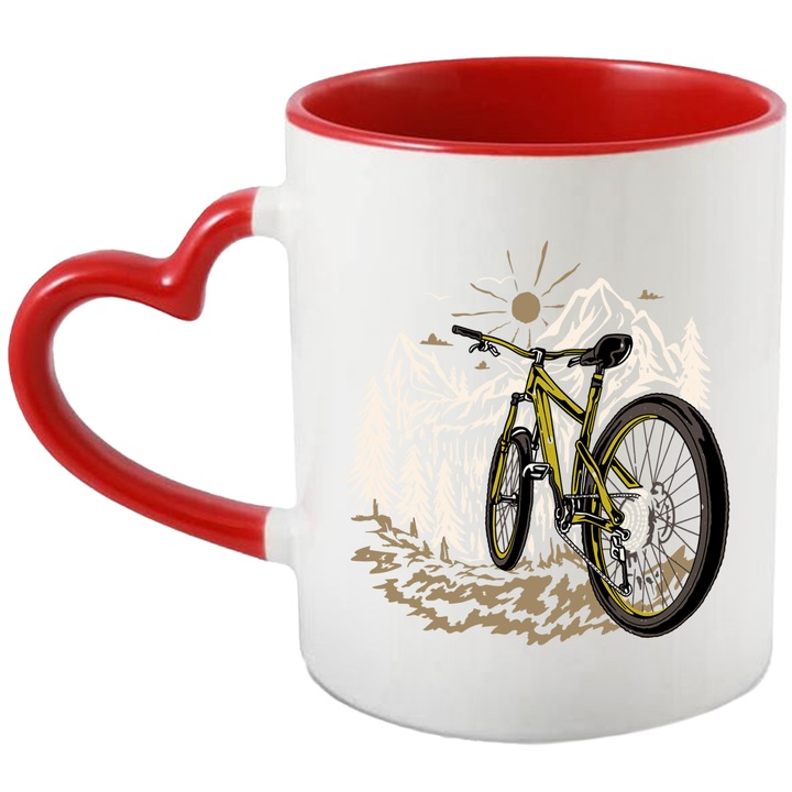 Cana Mountain Bike, Munte, Natura, Soare, Aventura, Ceramica, 330 ml, Multicolor cu maner Inima Rosie