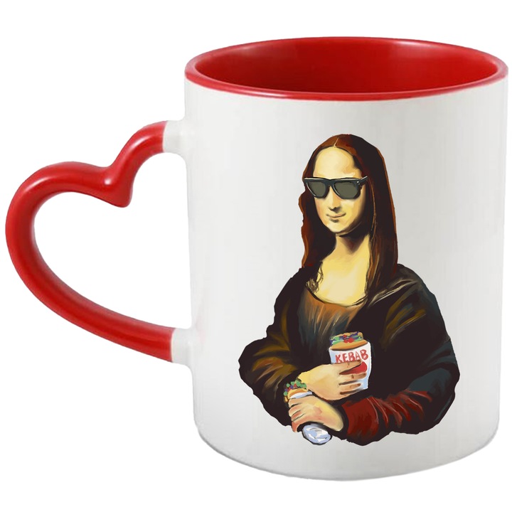Cana Monalisa cu Ochelari, Kebab si Soda, Cool, Contemporan, Reinterpretat, Shaorma, Ceramica, 330 ml, Multicolor cu maner Inima Rosie