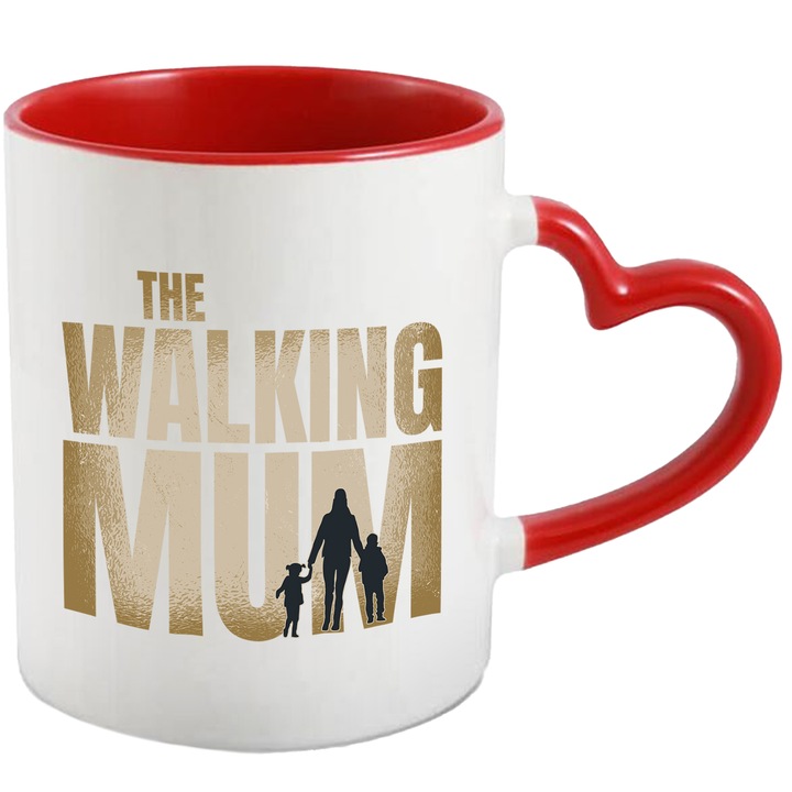 Cana Pentru Mame, Fata si Baiat Cu Mesajul in Engleza The Walking Mum, Ceramica, 330 ml, Multicolor cu maner Inima Rosie
