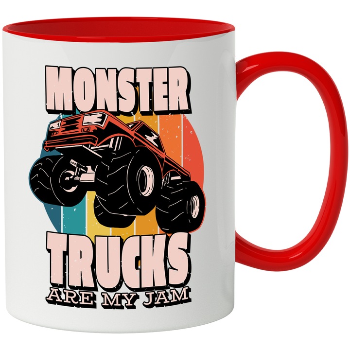 Cana Monster trucks are My Jam, 330 ml, Multicolor cu maner Rosu