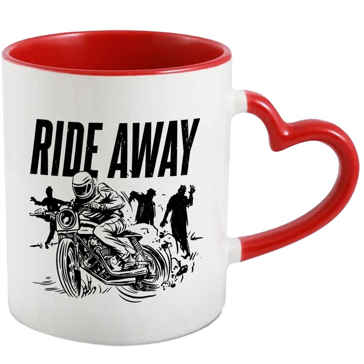 Cana Motociclist, Zombie, Ride Away, Ceramica, 330 ml, Multicolor cu maner Inima Rosie