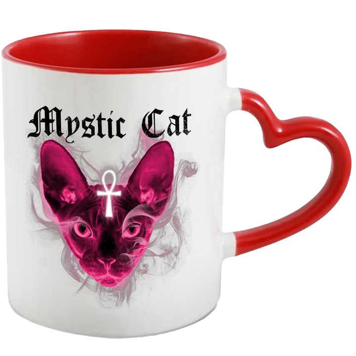 Cana Pisica Mistica, Mystic Cat, 330 ml, Multicolor cu maner Inima Rosie