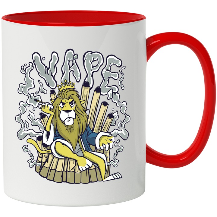 Cana Regele Leu, King of Vape, Ceramica, 330 ml, Multicolor cu maner Rosu